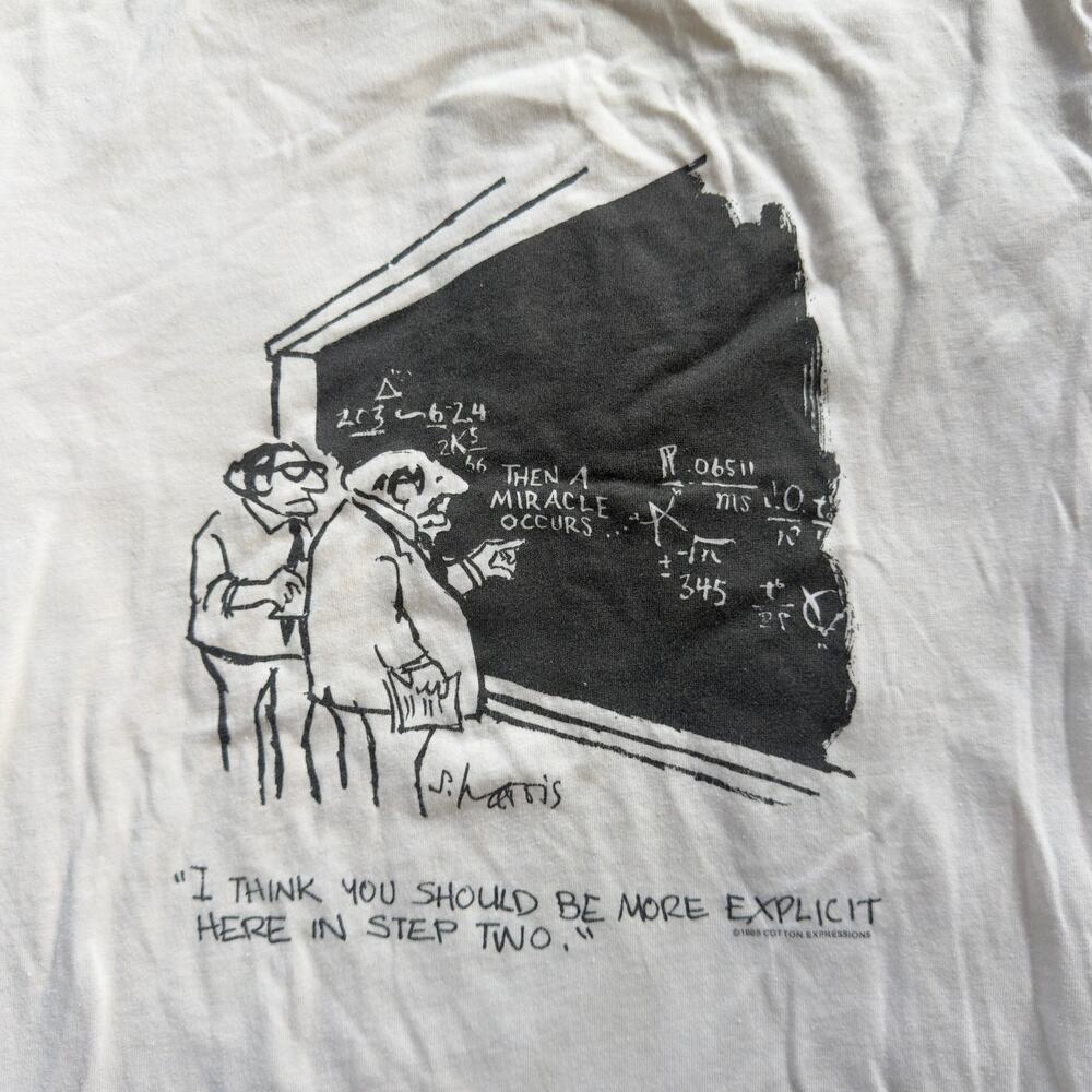 Vintage 1985 Sidney Harris Adult Medium T Shirt Then A Miracle Occurs Made USA